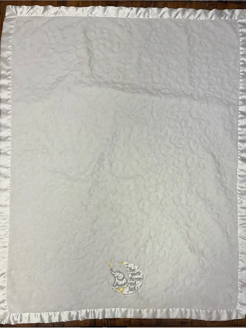 Baby Starters White Minky Elephant Moon & Back Satin Trim Crib Blanket